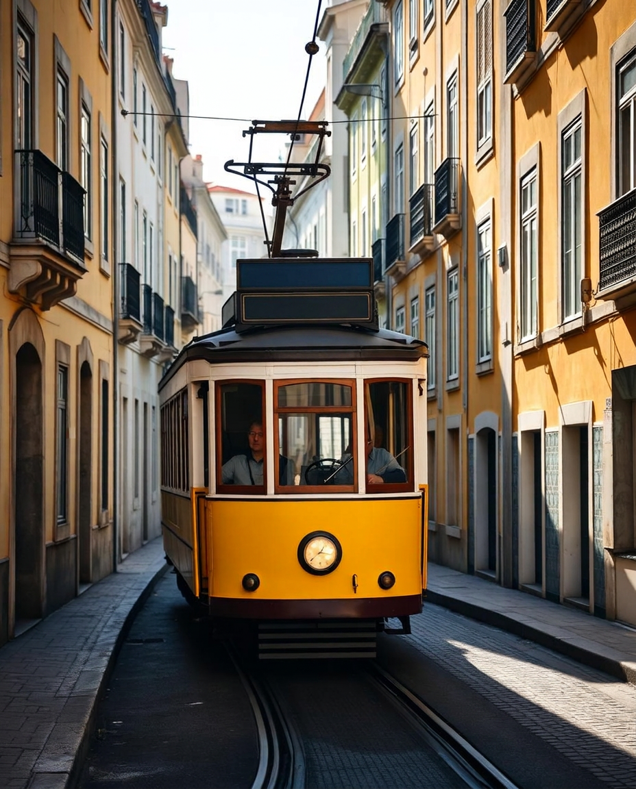 A classic yellow tram winding through a narrow pastel street in Lisbon