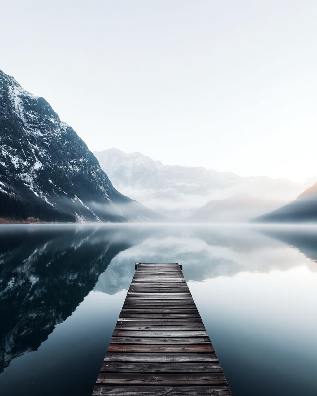 A wooden dock on a still alpine lake with snow-capped peaks in soft mist