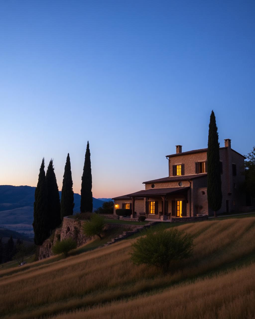 A stone Tuscan villa at dusk with cypress trees and warmly lit windows